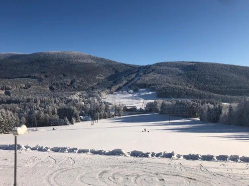 a group of people skiing down a snow covered slope at Apartmán Ramzová Kometa in Ostružná