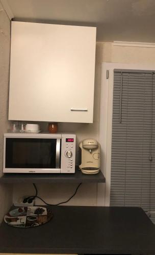 La cuisine est équipée d'un four micro-ondes et d'un grille-pain. dans l'établissement Studette indépendant avec terrasse-climatisation, à Marseille