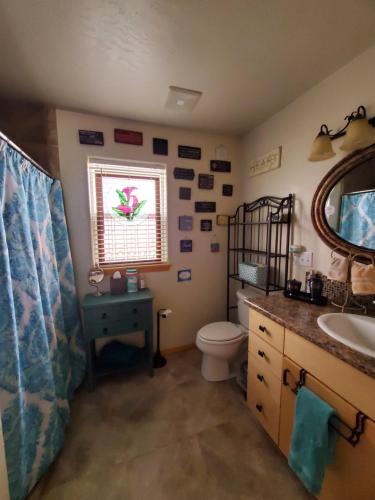 a bathroom with a sink and a toilet and a window at Grizzly Roadhouse Bed and Breakfast in Cortez