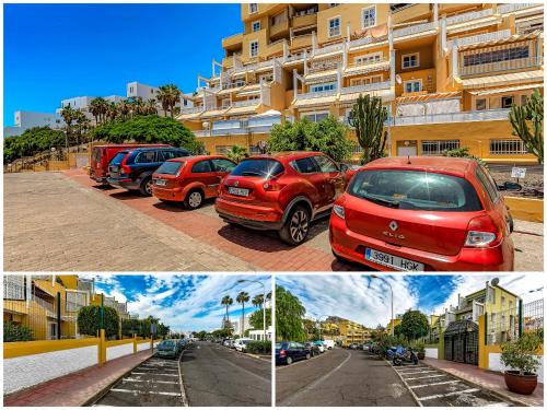 two pictures of cars parked in front of a building at Apartment Orlando Wave in Adeje