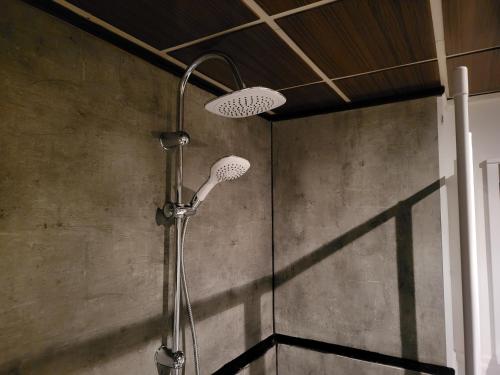 a shower with a shower head in a bathroom at Das alte bauernhaus in Rohrbach