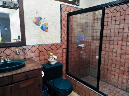 a bathroom with a shower with a toilet and a sink at Amankaya Atitlan in Cerro de Oro