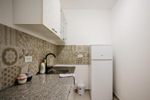 a small kitchen with a sink and a refrigerator at Apartman Dalija in Valjevo