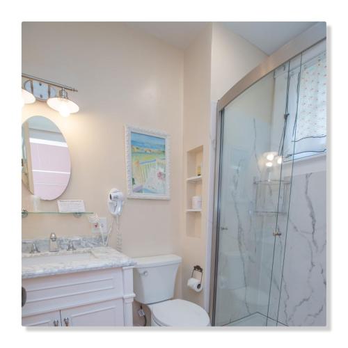 a bathroom with a shower and a toilet and a sink at Terrace Inn and 1911 Restaurant in Petoskey