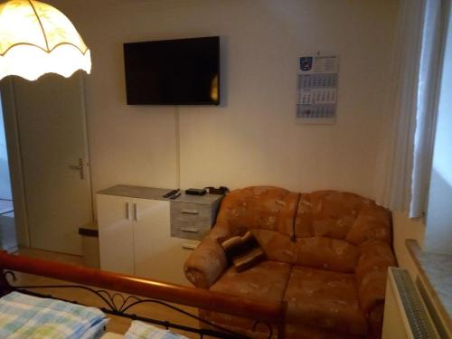 a living room with a brown couch and a television at Ferienwohnung Arzberg 2 in Arzberg