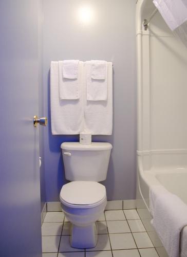 a bathroom with a toilet and a shower and towels at St Christopher's Hotel in Channel-Port aux Basques