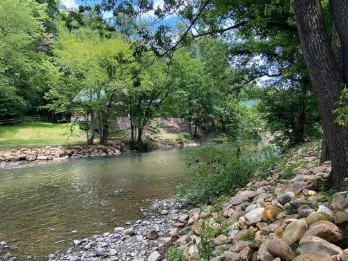 a river with rocks and trees on the side at River Waltz in Pigeon Forge