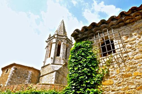 a church with a tower and a ivy covered building at La Lolita ( Adults Only ) in Sant Martí Vell