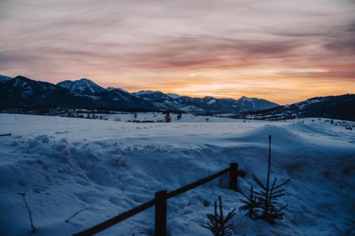 a snowy field with a fence and mountains in the background at SOPA Zakopane in Zakopane