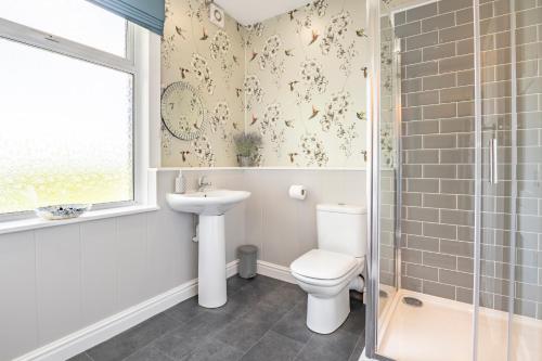 a bathroom with a toilet and a sink and a shower at luxury 2 bed apartment, sea view, near the beach. in Llandrillo-yn-Rhôs
