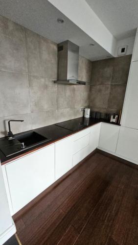 Una cocina con gabinetes blancos y un fregadero. en Apartament Katowice Park Śląski, en Katowice