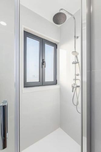 a bathroom with a shower and a window at Terrace Douro in Vila Nova de Gaia