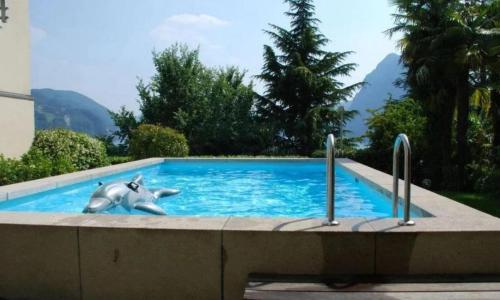 a statue of a dolphin in a swimming pool at Apartment Eldorado View in Lugano