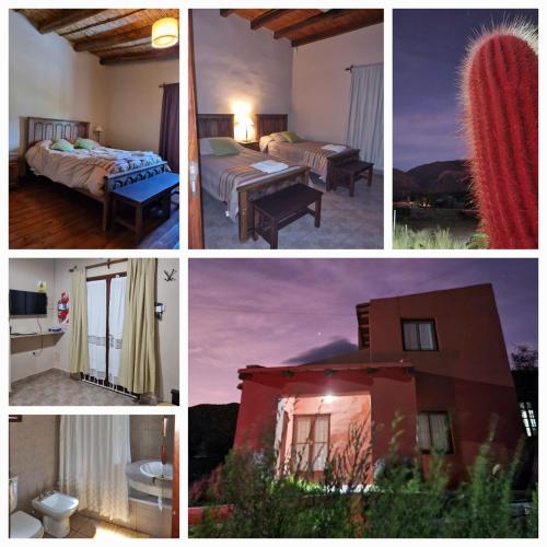 a collage of four pictures of a hotel room at Cabañas Inti Raymi in Huacalera