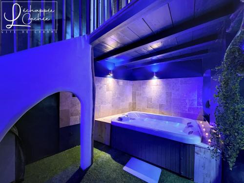 a large bathroom with a tub in a purple lighting at L’ Échappée Cachée - Gîte de Charme in Saint-Étienne-de-Fontbellon