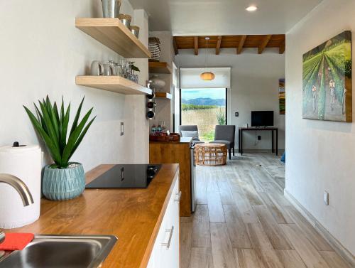 a kitchen with a sink and a living room at Valle Soléa in El Porvenir