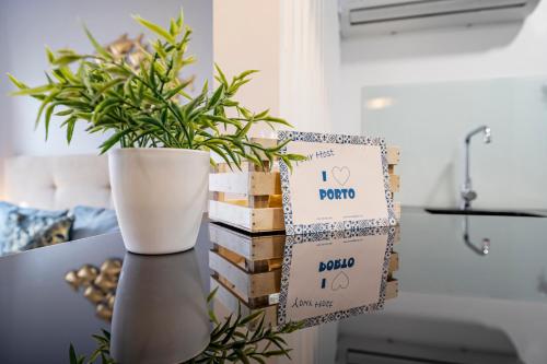 een tafel met een witte vaas en een plant bij Oporto Wine Cellars Flat With Terrace in Vila Nova de Gaia