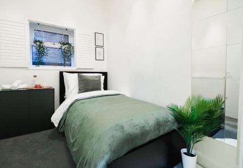 1 dormitorio con cama, ventana y planta en Stylish 3 bed flat with Garden, en Londres