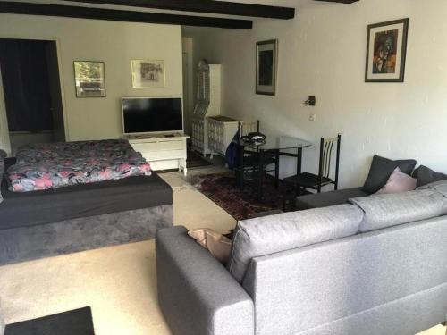 uma sala de estar com um sofá e uma cama em Laax 1 12 Zi Whg mit Hallenbad, Aussen- Pool, Tennisplatz und Sauna em Laax