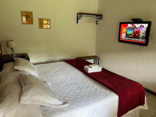 een slaapkamer met een bed en een tv aan de muur bij Village Colonial Pousada in Penedo