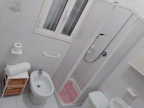 y baño con ducha, aseo y lavamanos. en La vie en rose, en Mola di Bari
