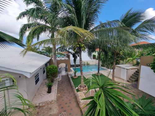 a house with palm trees and a swimming pool at Villa Hye in Willemstad