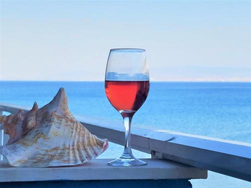 Niko's Apartment - Beautiful Sea View Apartment ! في بيريا: كوب من النبيذ يجلس على حافة قرب المحيط