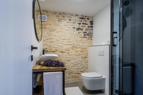 Łazienka z białą toaletą i umywalką w obiekcie Kutić in Štokovci (Haus für 10-15 Personen) w mieście Svetvinčenat