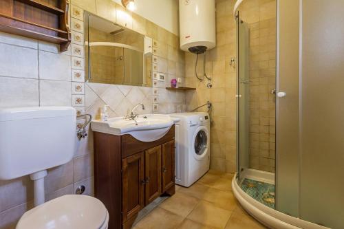 ein Badezimmer mit einem Waschbecken und einer Waschmaschine in der Unterkunft Galant in Prkačini (Haus für 4-5 Personen) in Žminj