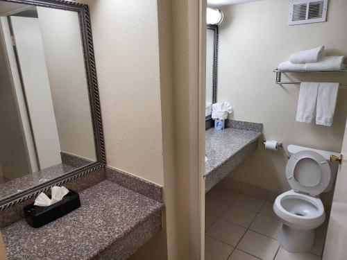 a bathroom with a toilet and a mirror at Ramada by Wyndham Houston Intercontinental Airport East in Humble