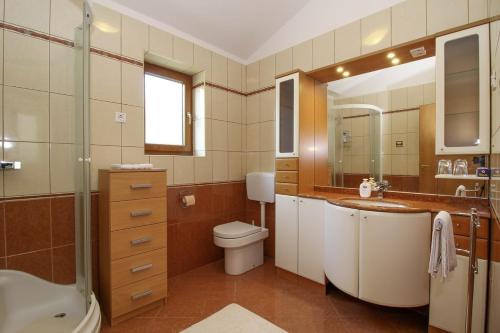 a bathroom with a sink toilet and a mirror at Alena in Debeljuhi (Haus für 4 Personen) in Žminj