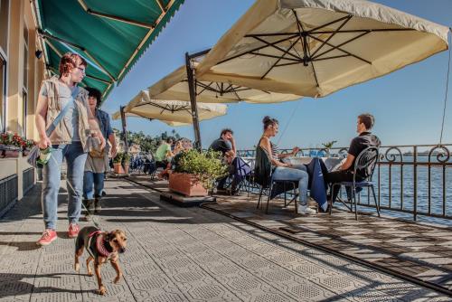 a man walking a dog on a sidewalk at Hotel Italia e Lido Rapallo in Rapallo