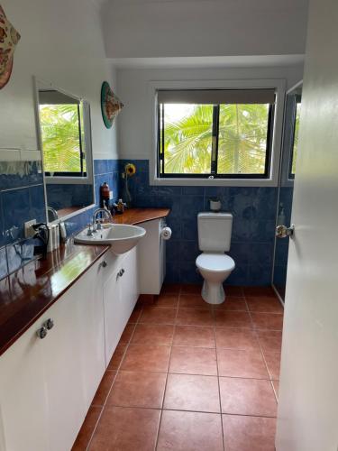 ein Bad mit einem WC, einem Waschbecken und einem Fenster in der Unterkunft Himalaya Pet Friendly in Agnes Water