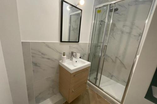 a bathroom with a shower and a sink and a mirror at Green CityZen Studio Near ParisOrly in Thiais