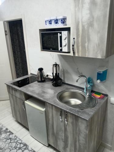 a kitchen counter with a sink and a microwave at Sport Hotel Terra in Ustʼ-Kamenogorsk
