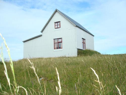 a white house on top of a grassy hill at Hænuvík Cottages in Örlygshöfn