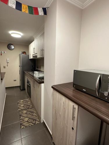 a kitchen with a counter with a microwave and a refrigerator at PARQUE AL VOLCAN VILLARRICA in Villarrica