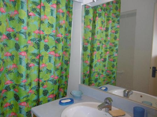 une salle de bain avec un lavabo et un rideau de douche dans l'établissement Appartement 2 pièces cabine avec parking et vue mer - FR-1-472A-189, à Sète