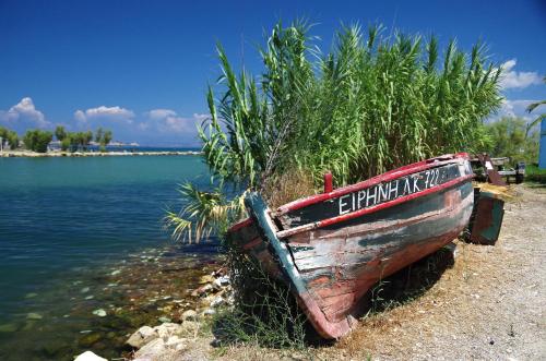 a boat sitting on the shore of a body of water at Hotel Penelope in Boukari