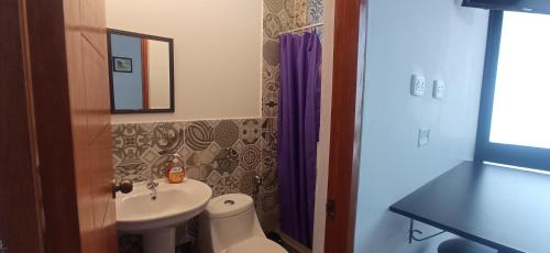 ein Badezimmer mit einem Waschbecken, einem WC und einem Spiegel in der Unterkunft Bravo Hostels: Surf House in Punta Hermosa