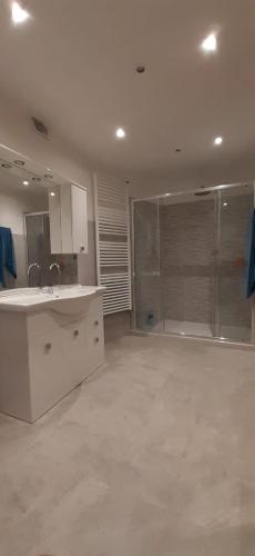 a large bathroom with a sink and a shower at Da Nonno Vittorio in Vescina