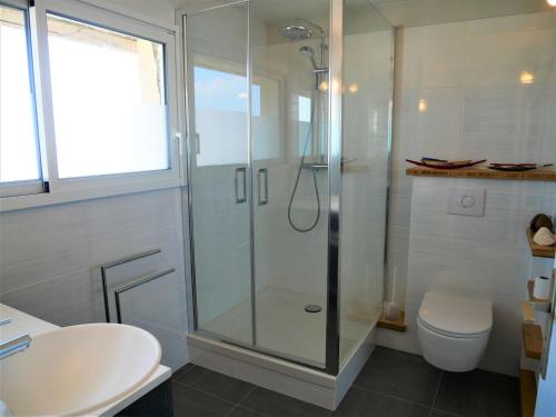 une salle de bain avec douche et toilettes dans l'établissement Quiberon - Appartement 2 pièces, terrasse, animaux permis, parking - FR-1-478-54, à Quiberon