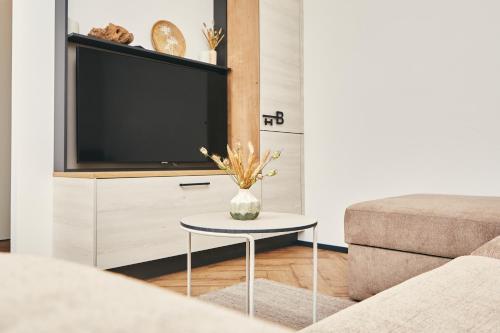 a living room with a tv and a table at HOMEBOUND APARTMENTS Bad Goisern - contactless check-in in Bad Goisern