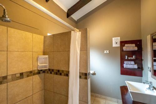 a bathroom with a shower and a sink at Gecko Ridge in Swakopmund