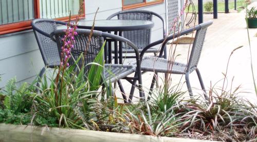 two chairs and a table on a porch with plants at Highland Cabins and Cottages at Bronte Park in Bronte