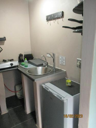 a small kitchen with a sink and a refrigerator at LISANÉ ACCOMMODATION in Middelburg