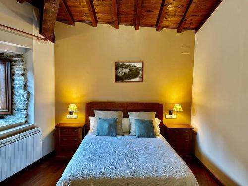 1 dormitorio con 1 cama con almohadas azules y 2 lámparas en Aldea Couso Rural, en Sarreaus