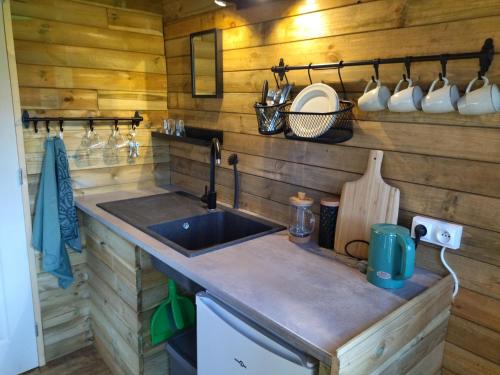 a kitchen with a sink and a wooden wall at BenB La Fosse Bleue in Signy-lʼAbbaye