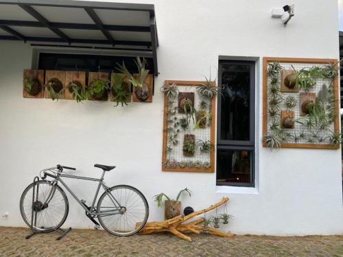 una bicicletta parcheggiata accanto a un edificio con piante di Lin's Forest a Città Vecchia di Hengchun