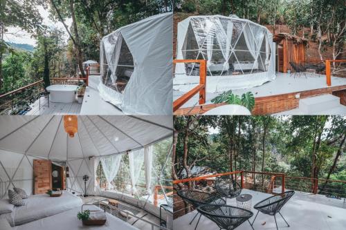 a collage of four pictures of a tent on a deck at เดอะริเวอร์ แม่กำปอง The River Maekampong Chiang Mai in Ban Pok Nai